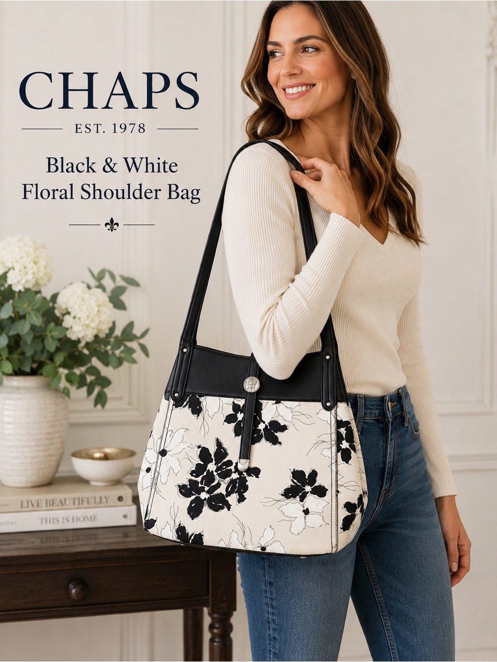 Chaps Black & White Floral Shoulder Bag women’s purse, feminine bag